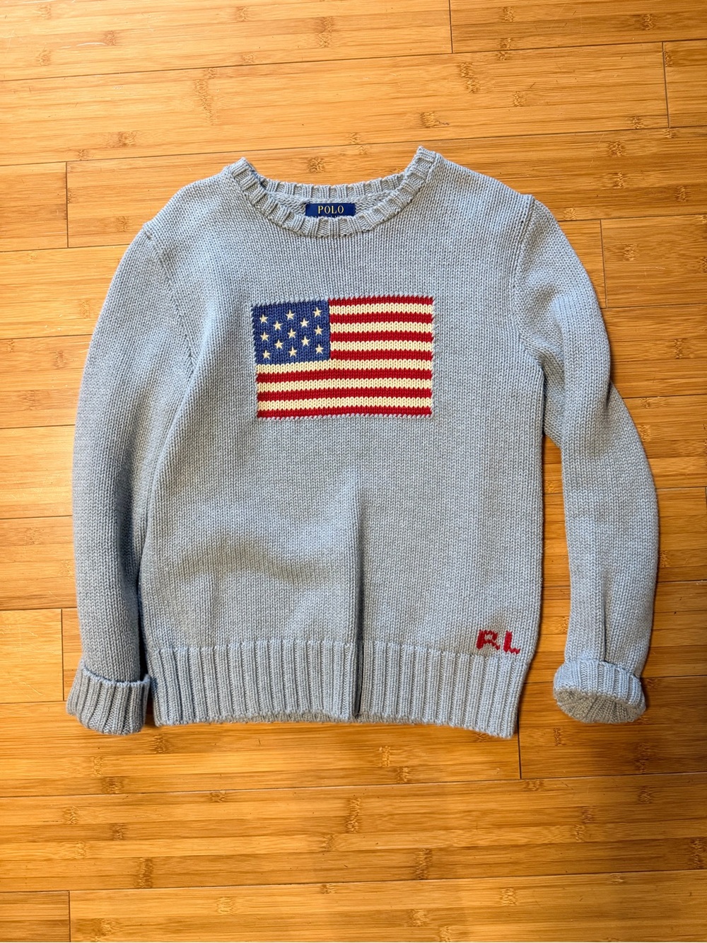 Polo by Ralph Lauren Light Blue Crewneck with American Flag Knit